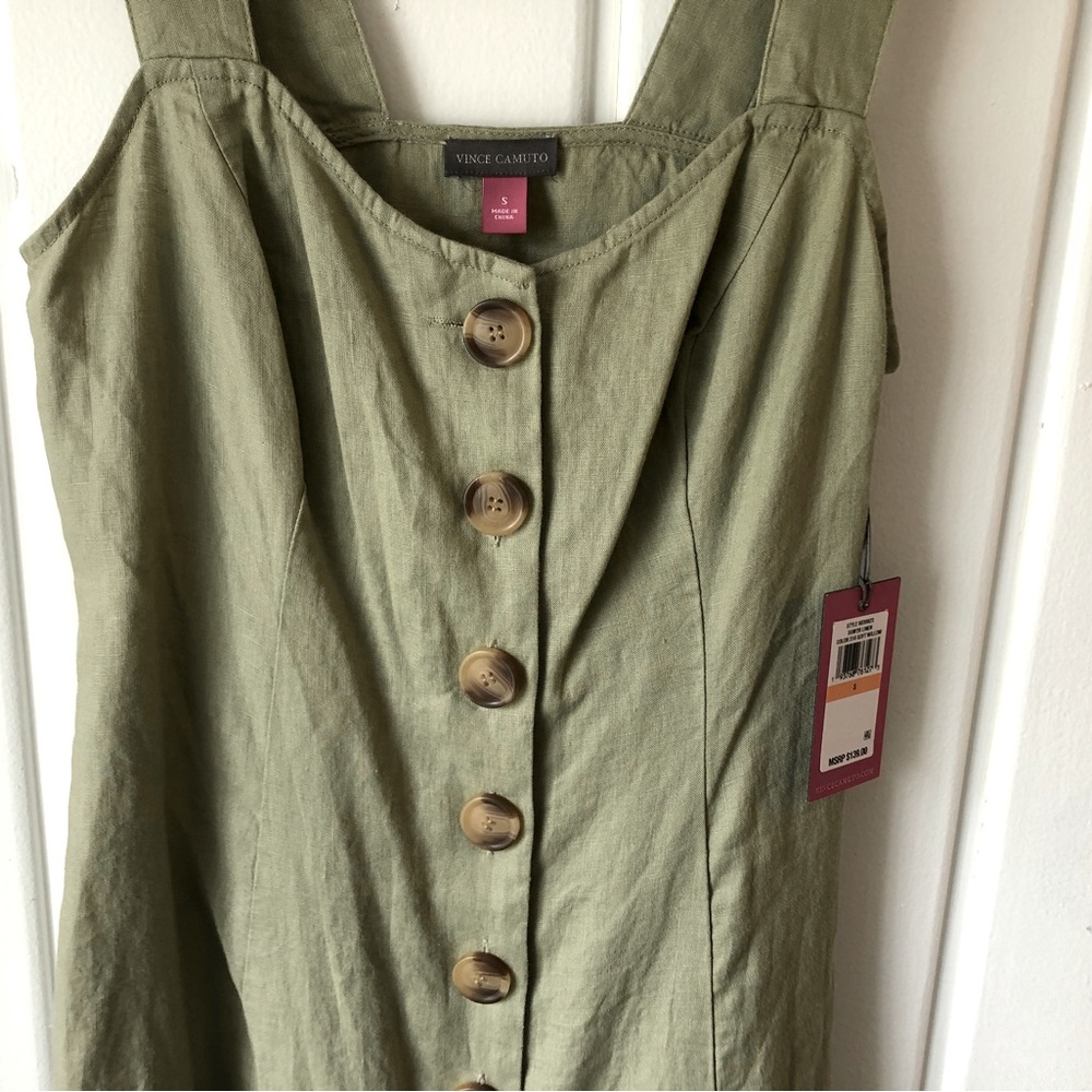 Green linen button down midi dress